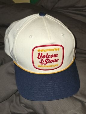 Volcom White, Navy & Yellow Trim Patch Snapback Hat